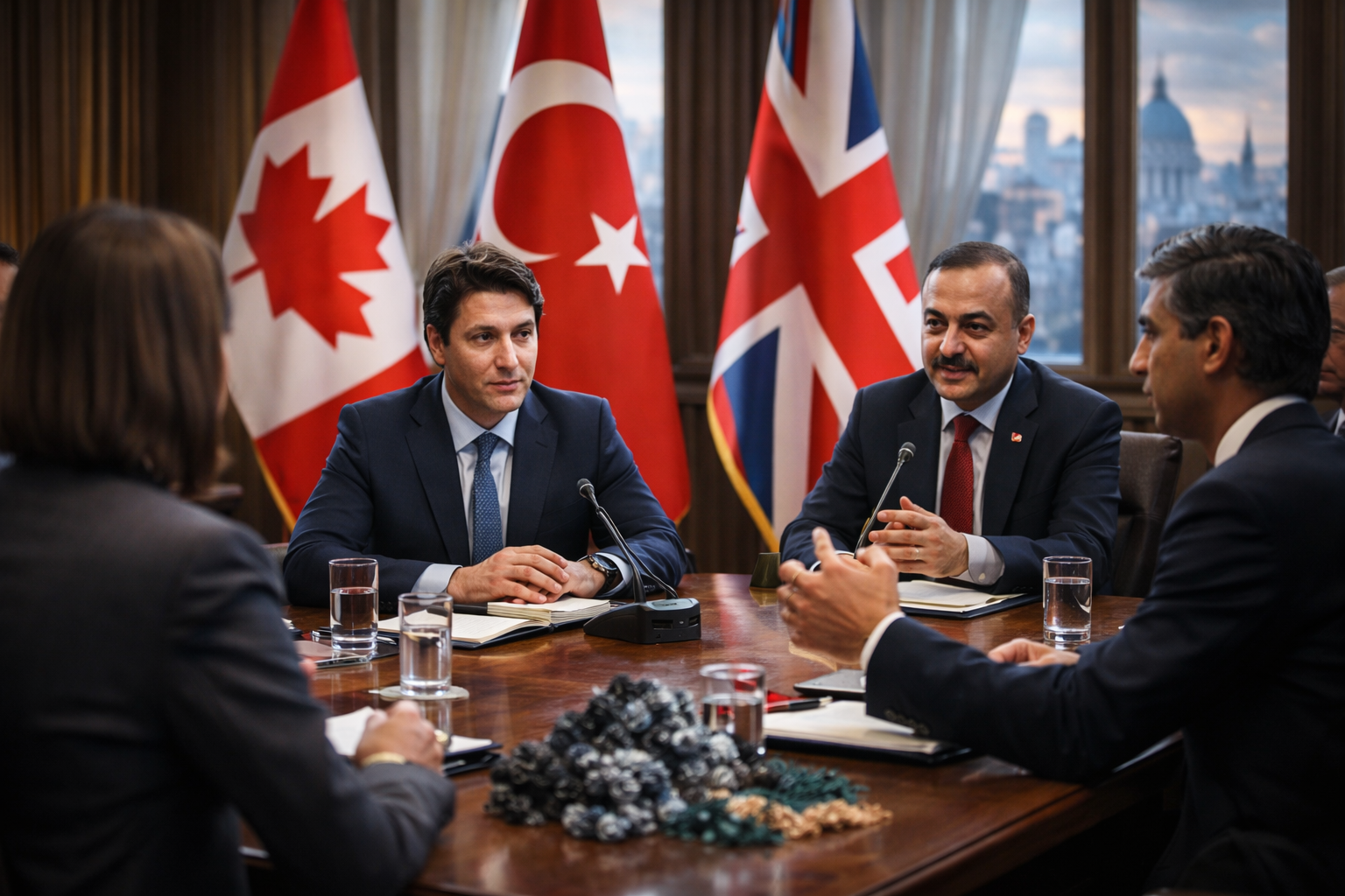 Photorealistic image of a high-level diplomatic meeting featuring Canadian and international representatives seated around a conference table, symbolizing Canada’s effort to strengthen global partnerships amid rising geopolitical tensions.