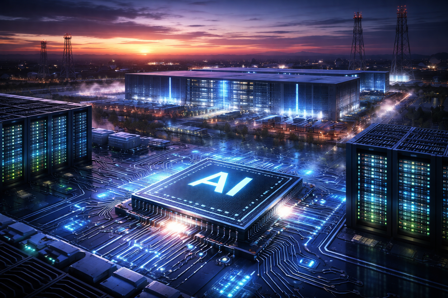 Photorealistic image of a large modern AI data center campus at dusk, with illuminated server racks and a prominent semiconductor chip in the foreground, symbolizing heavy investment in compute infrastructure, chips, and power systems.
