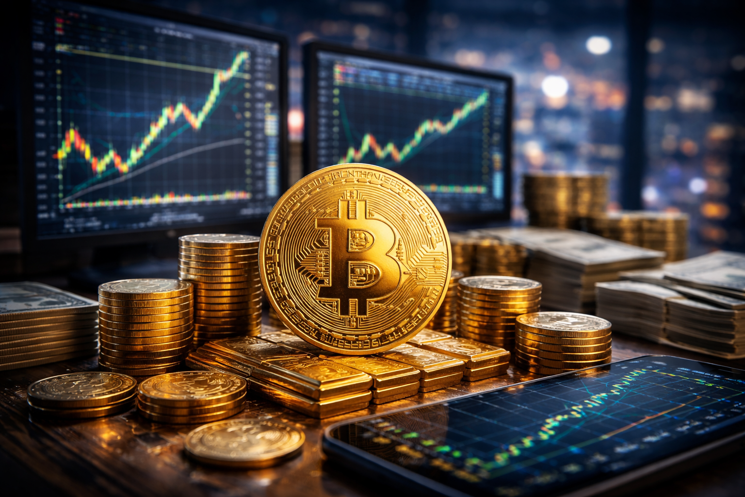 Photorealistic image of a large gold Bitcoin coin surrounded by stacked coins, gold bars, cash, and trading screens with upward market charts, symbolizing strong Bitcoin performance and sustained institutional investment.