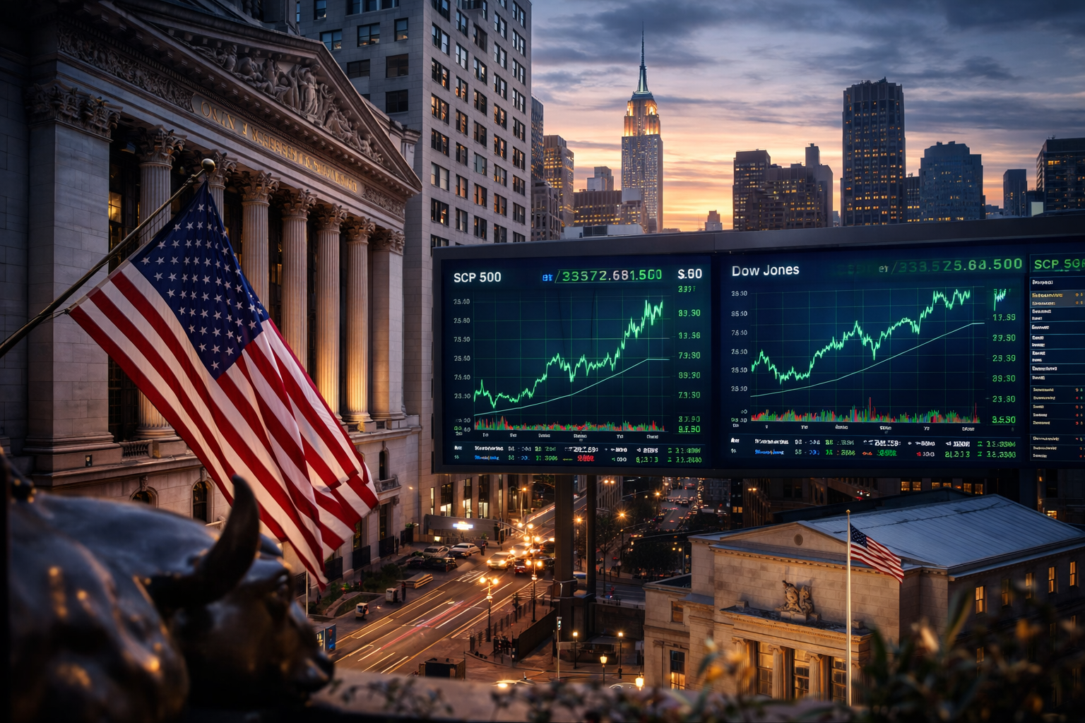Photorealistic view of the New York Stock Exchange at dusk with an American flag in the foreground and large market screens showing upward stock charts, symbolizing U.S. equities holding near highs amid uncertainty over Federal Reserve interest rate decisions.