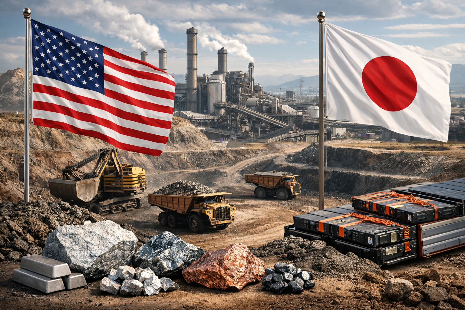 Photorealistic image of an open-pit mining site with heavy equipment, mineral ore samples, EV battery packs, and U.S. and Japanese flags in the foreground, symbolizing a joint effort to secure critical minerals supply chains.