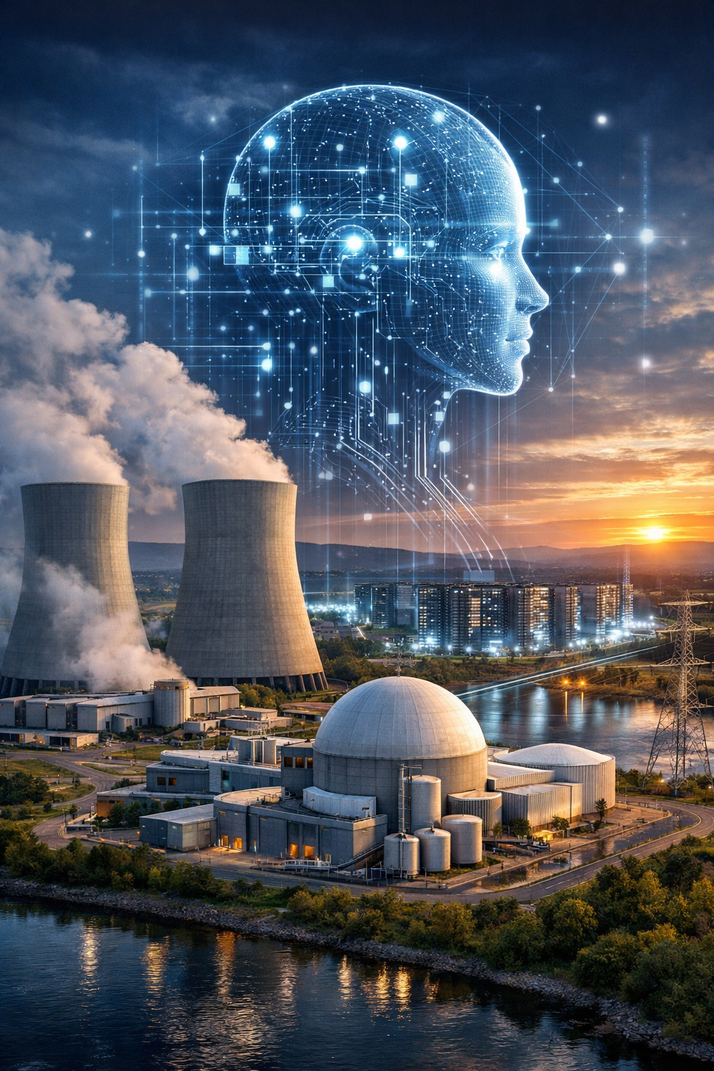 Photorealistic composite of a modern nuclear power plant beside a high-capacity data center, with a luminous AI-inspired digital human profile above the skyline at sunset.