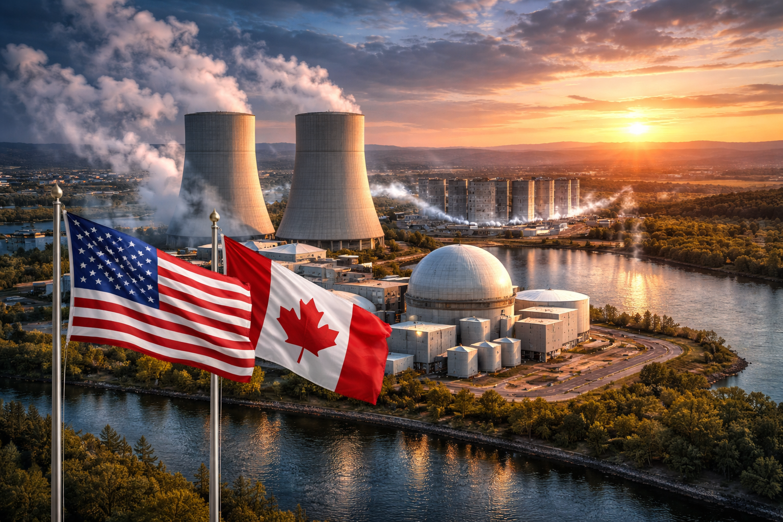 Photorealistic aerial view of a modern nuclear power facility beside a river at sunset, with U.S. and Canadian flags in the foreground and cooling towers releasing steam.
