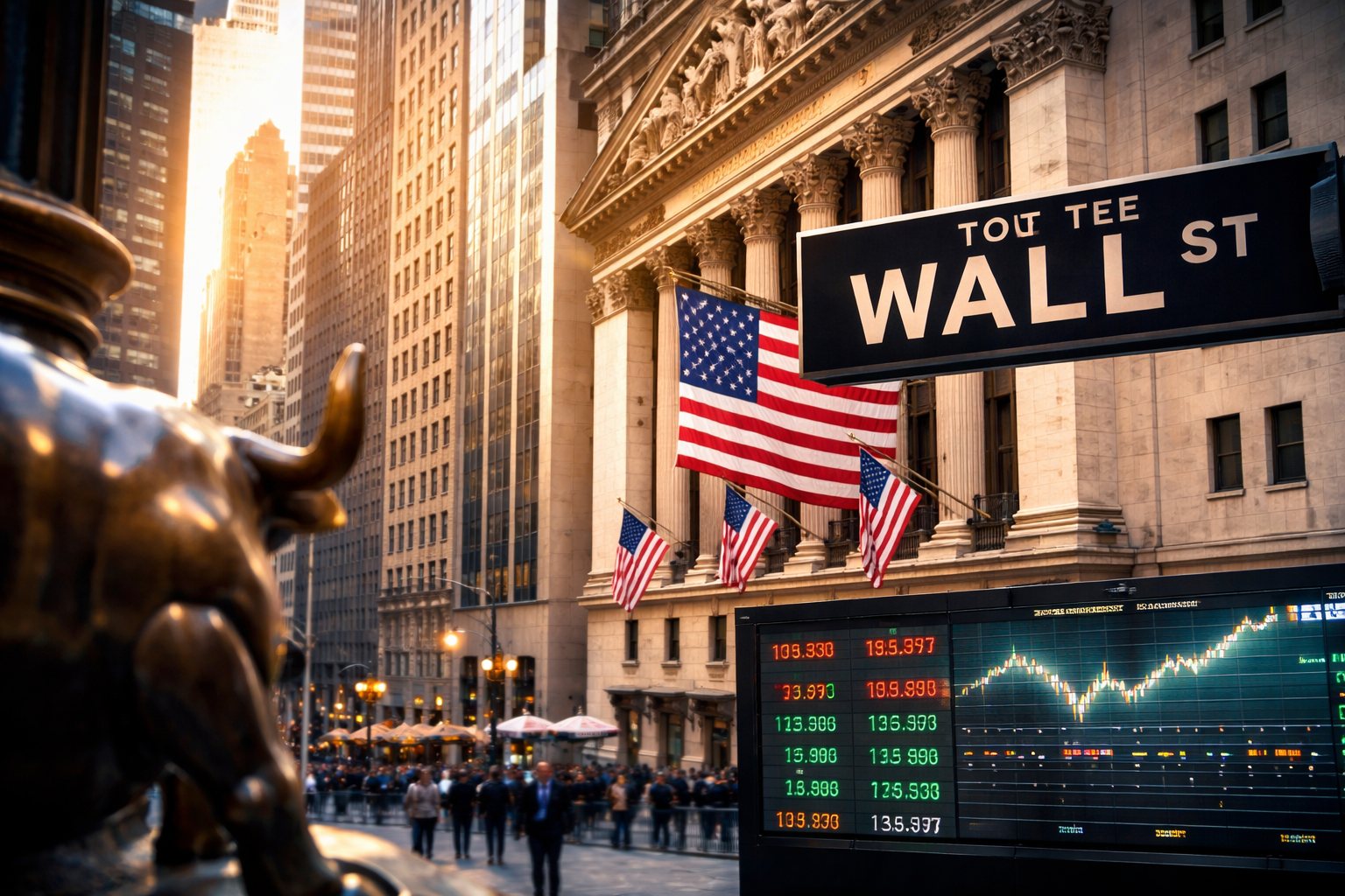 Photorealistic Wall Street scene showing the New York Stock Exchange at dusk, a blurred Charging Bull in the foreground, American flags on the facade, and a market display board.