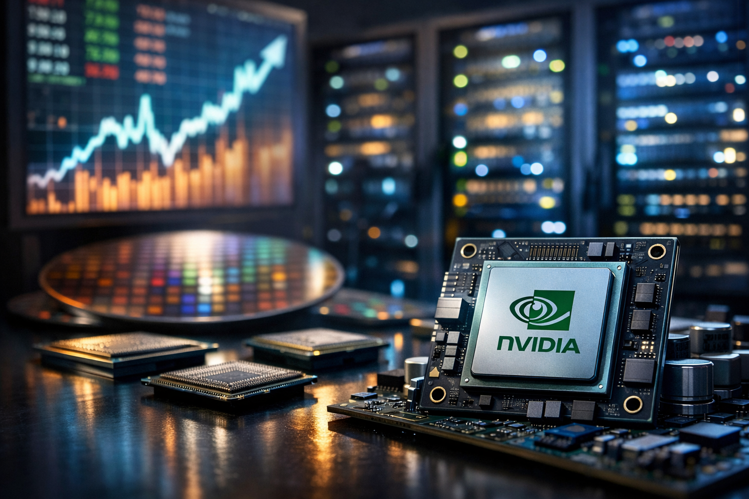 Photorealistic close-up of an AI-focused semiconductor chip on a circuit board, with blurred server racks and a rising market chart in the background.
