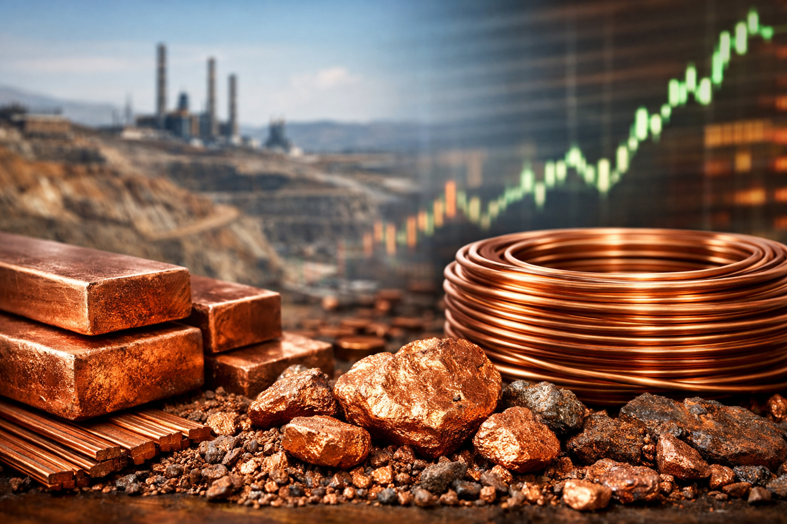 Photorealistic close-up of copper bars, coiled wire, and raw ore in the foreground, with an open-pit mine and a rising market chart blurred in the background.