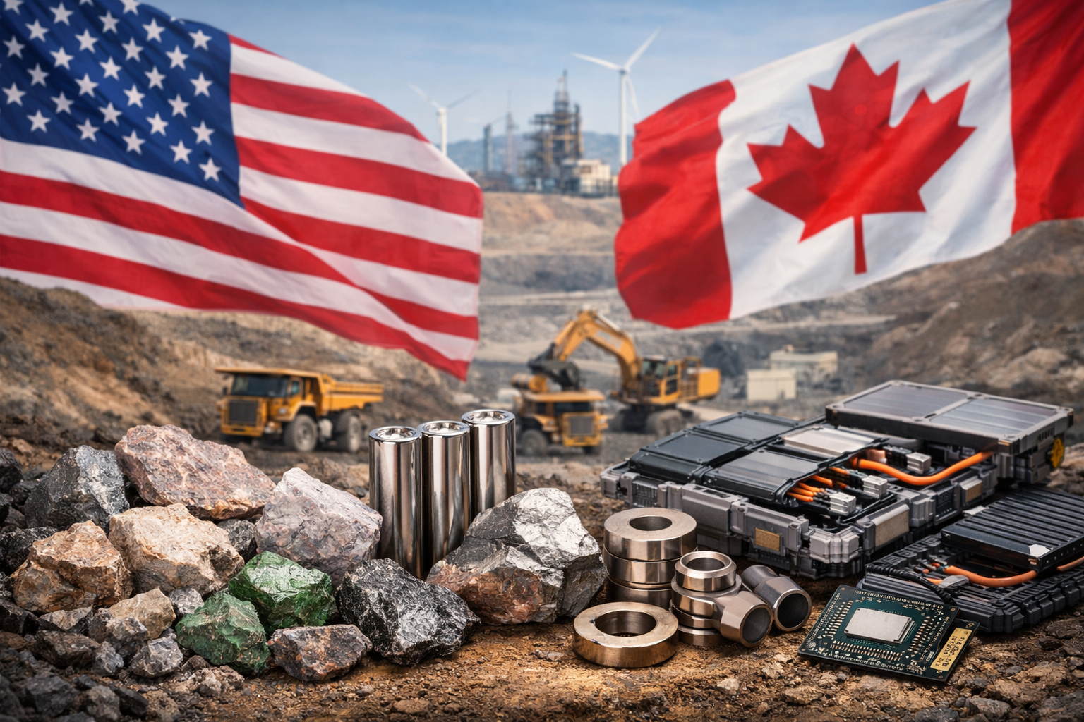 Photorealistic scene of a North American mining site framed by U.S. and Canadian flags, with raw mineral rocks, battery components, metal parts, and a microchip in the foreground.