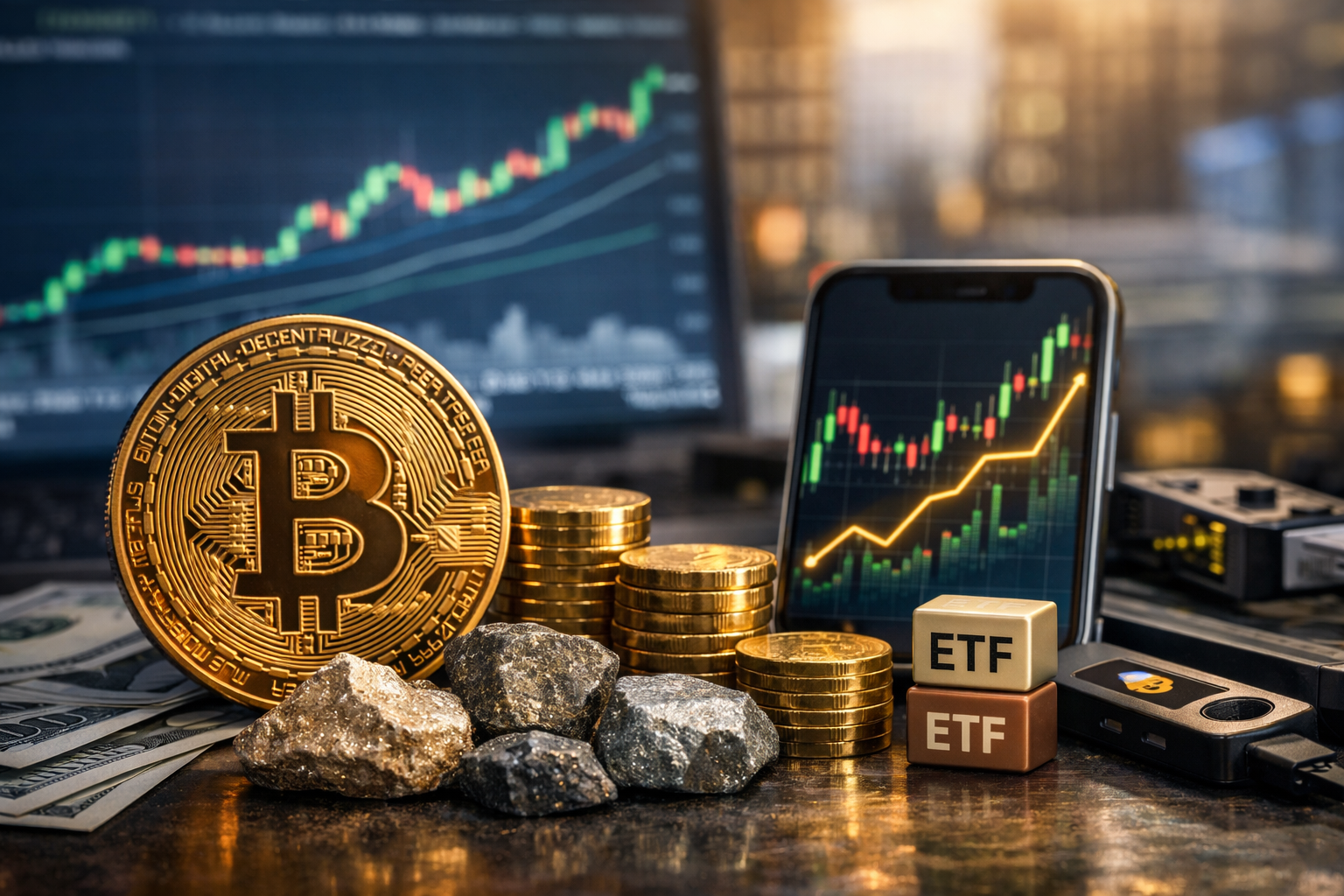 Photorealistic Bitcoin investment scene with a gold Bitcoin coin, stacked coins, a smartphone showing a rising market chart, and ETF-themed elements on a financial desk.