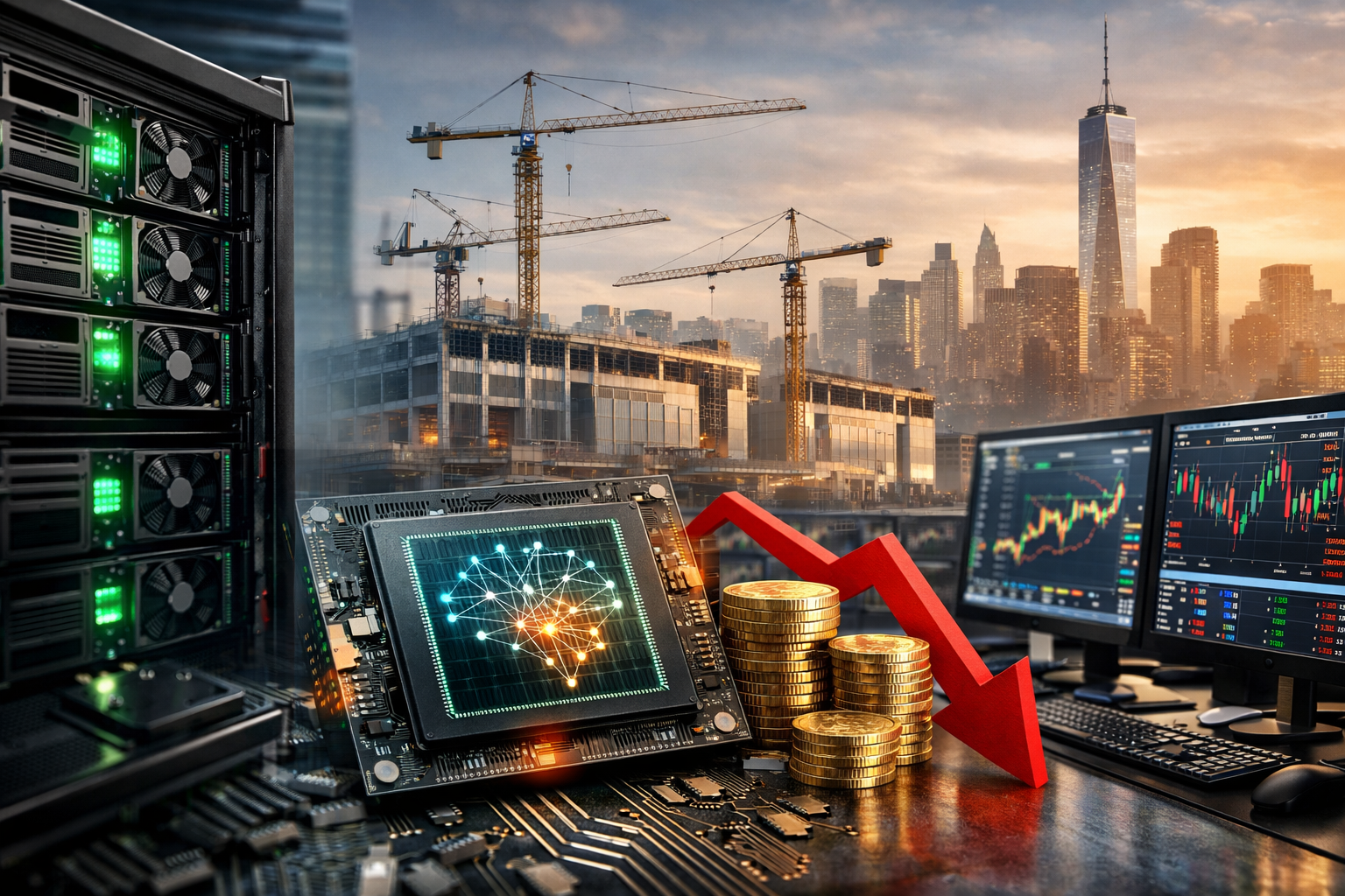 Photorealistic composite showing AI server racks, a semiconductor chip, stock market monitors, stacked coins, and a downward arrow in front of a large data center construction site and city skyline, symbolizing heavy AI investment and pressure on tech profit margins.
