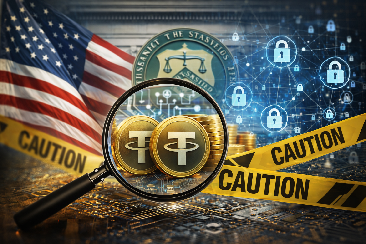 Photorealistic symbolic image showing gold stablecoin tokens under a magnifying glass, with the U.S. flag, a Treasury-style seal, digital security icons, and caution tape, representing increased U.S. regulatory scrutiny of stablecoins.
