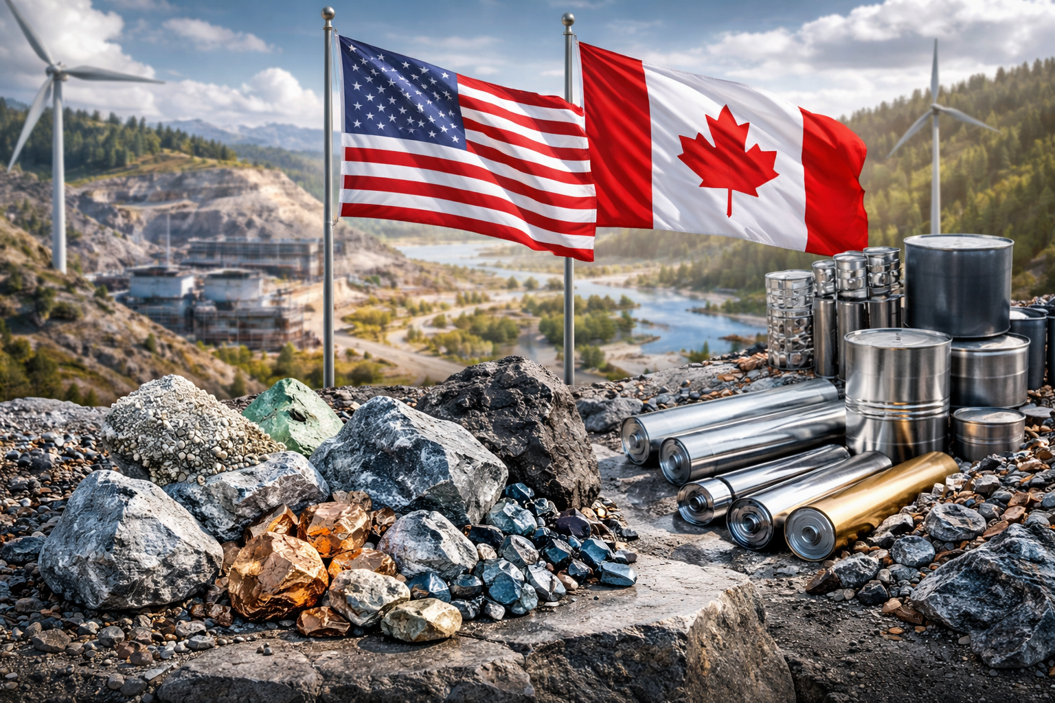 Photorealistic feature image showing U.S. and Canadian flags above a mining and processing landscape with raw mineral rocks, refined metal cylinders, and wind turbines, symbolizing cross-border cooperation to strengthen North American critical mineral supply chains.