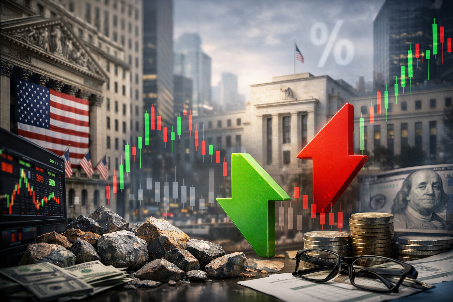Photorealistic financial district scene with stock market charts, an American flag, symbolic upward and downward arrows, coins, cash, and institutional buildings representing shifting interest-rate expectations and volatility in U.S. equities.