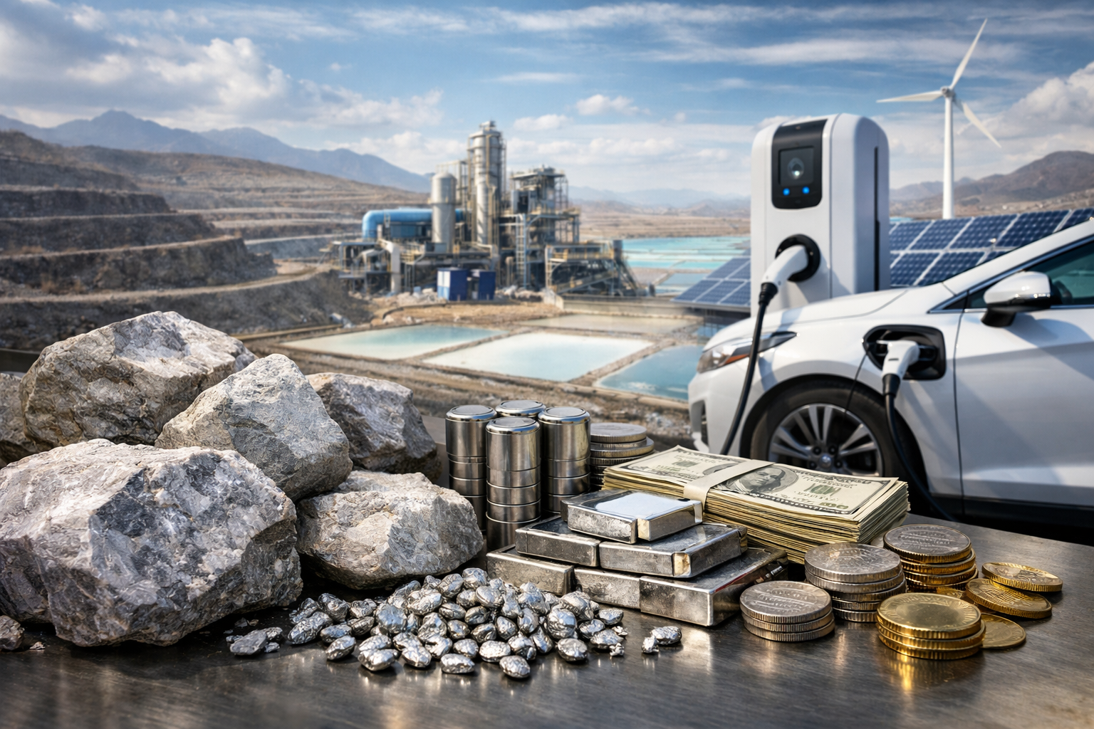 Photorealistic image of raw lithium ore, refined metal bars, stacked battery cells, coins, cash, an electric vehicle at a charging station, and a lithium processing site, symbolizing stabilizing lithium prices and improving EV demand.