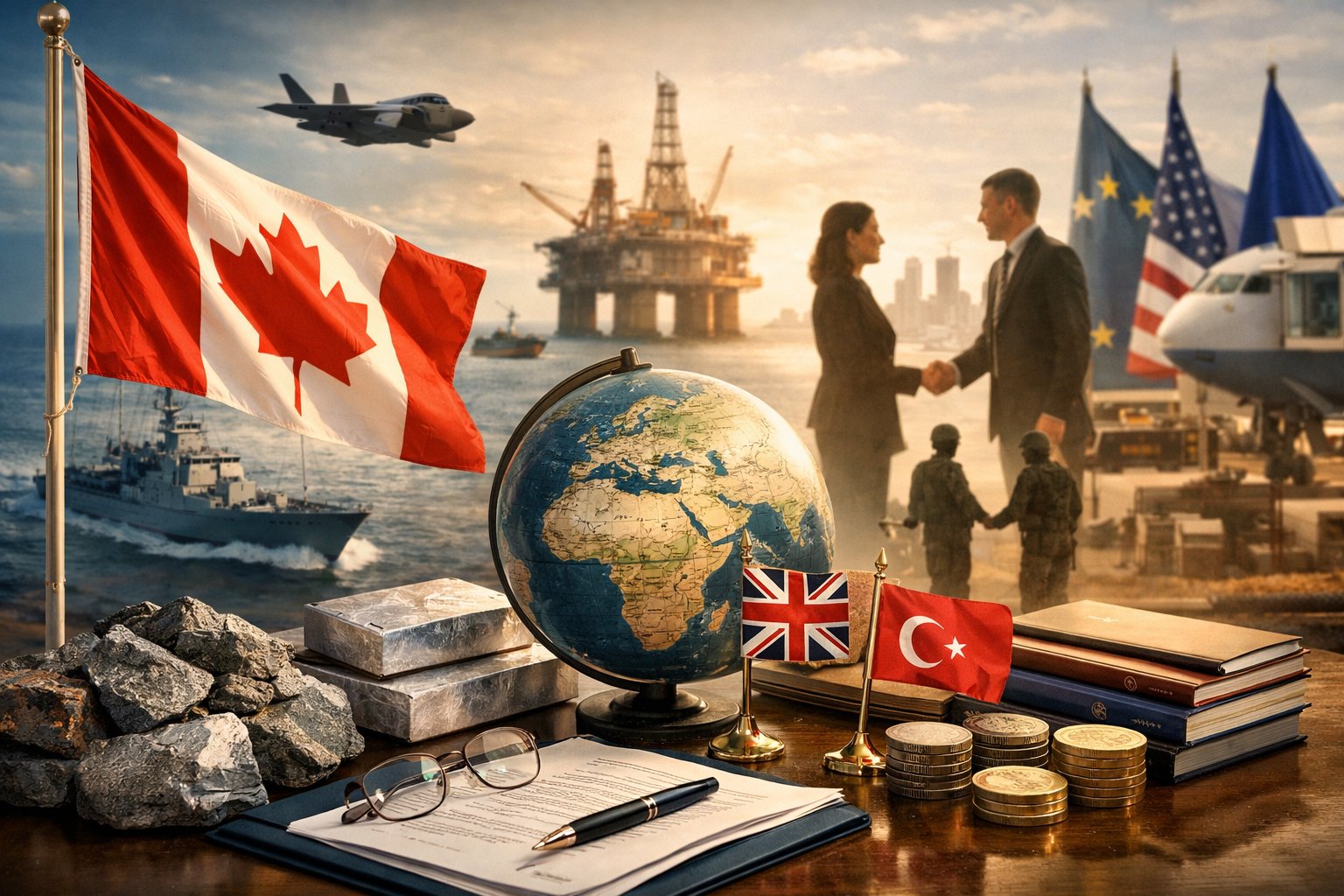 Photorealistic geopolitical scene showing a Canadian flag, globe, diplomatic handshake, military and transport elements, energy infrastructure, trade documents, and partner flags, symbolizing Canada’s expanding international engagement amid global tensions.