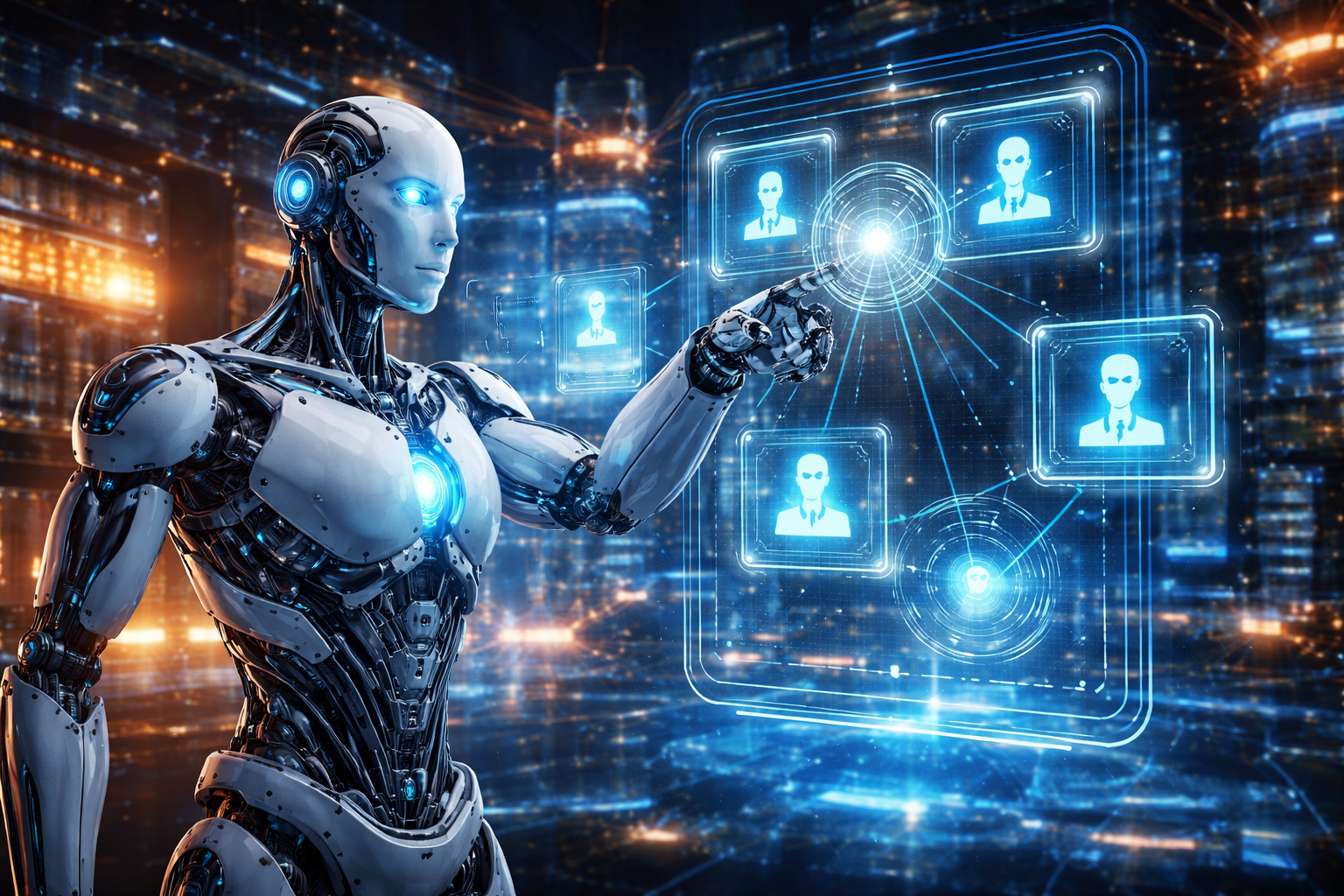 A futuristic humanoid robot interacting with a glowing digital interface in a high-tech data center, representing autonomous AI agents managing complex workflows.