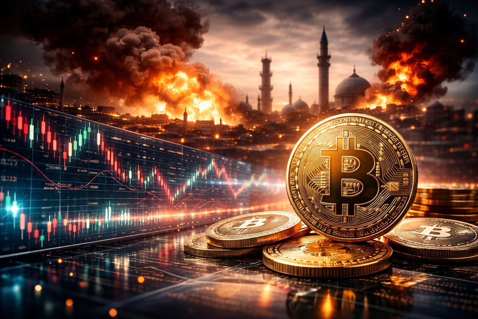 Photorealistic scene of a prominent Bitcoin coin and stacked crypto tokens in the foreground beside a red-and-green candlestick chart, with a distant skyline lit by explosions and smoke to symbolize geopolitical risk and market volatility.