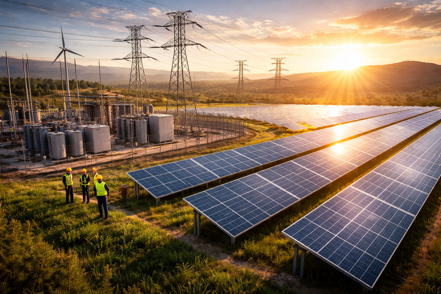 Photorealistic view of a large solar farm at sunset with rows of blue panels in the foreground, utility workers near electrical equipment, and high-voltage transmission towers and a substation leading toward the horizon.
