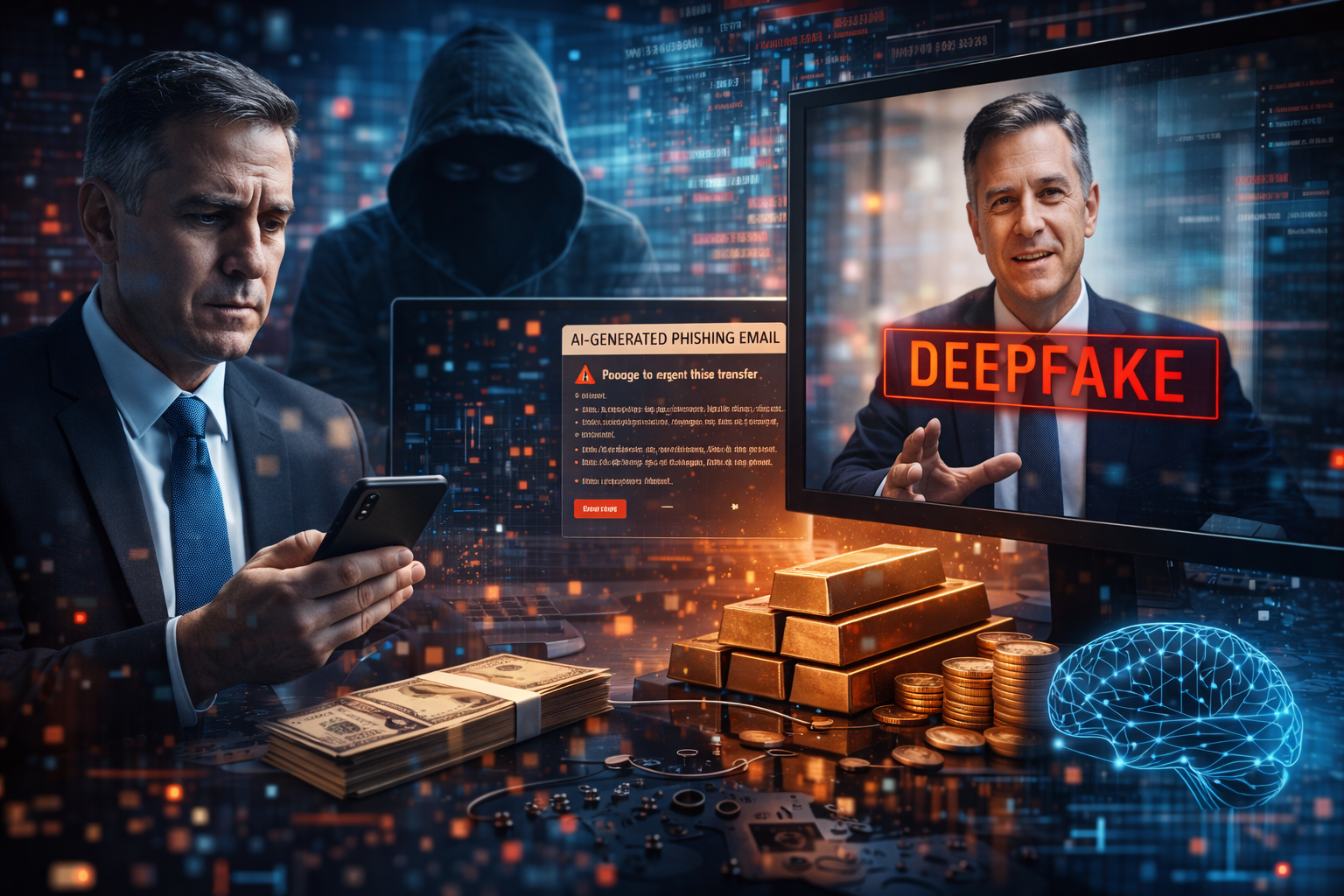 Photorealistic scene of an executive holding a smartphone beside a video-call monitor showing a convincing lookalike, with a shadowed hooded figure in the background and a fraudulent email interface on a screen, suggesting AI-driven impersonation and phishing.