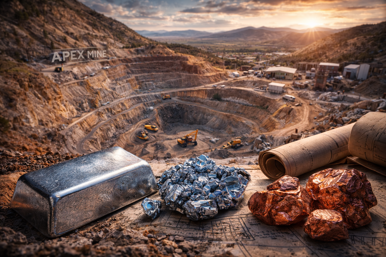 Photorealistic sunset view of a terraced open-pit mine in rugged mountains with active machinery below, and close-up metallic mineral samples in the foreground representing specialty technology metals.
