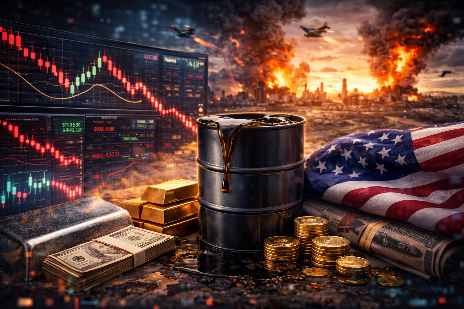 Photorealistic scene with an overflowing oil barrel, stacked gold bars, bundled U.S. cash and coins in the foreground, a U.S. flag draped to the side, and a backdrop of falling market charts with smoke, fire, and aircraft over a distant skyline.