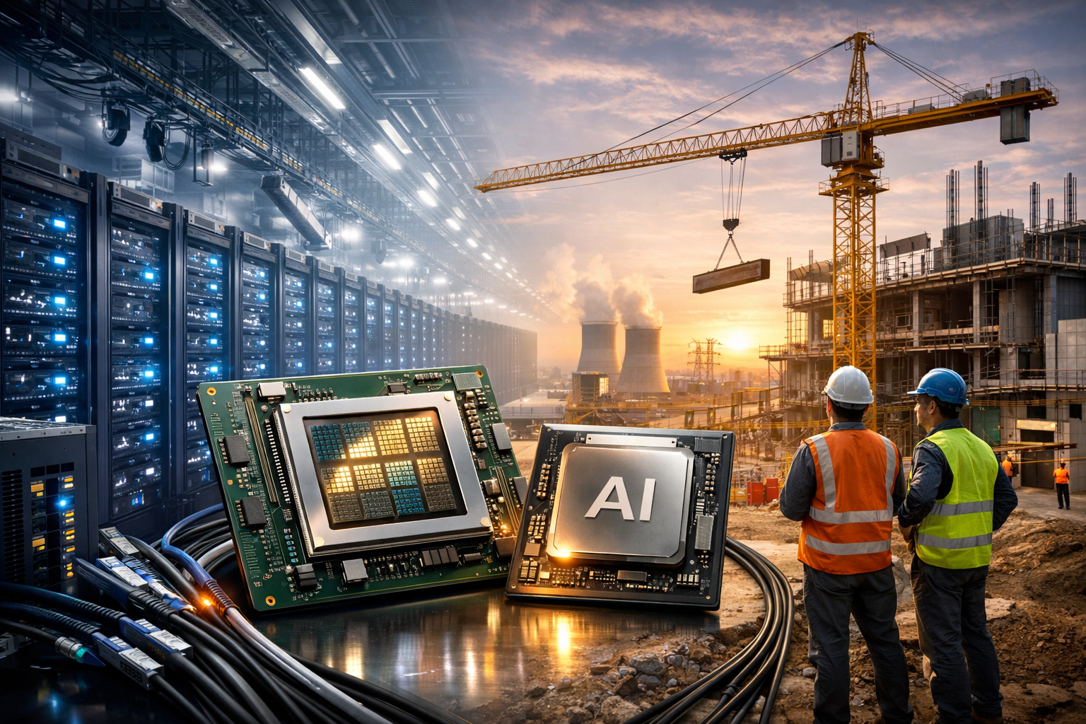 Photorealistic composite scene showing a large AI data center with glowing server racks, advanced semiconductor chips in the foreground, and an active construction site with cranes and workers building new infrastructure at sunset.
