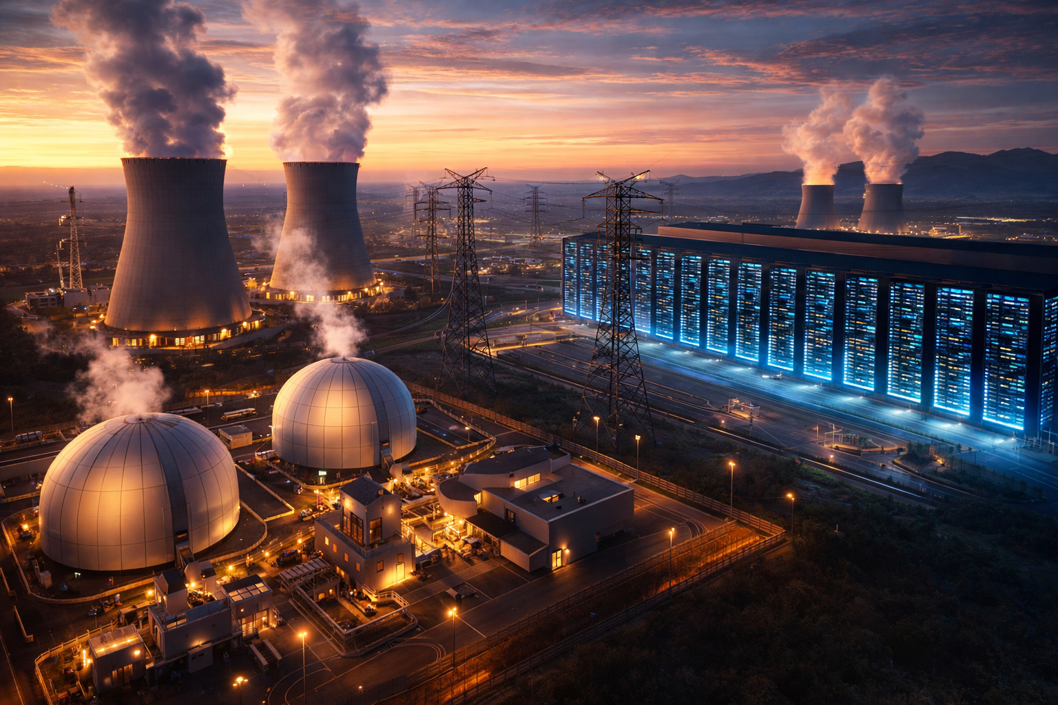 Photorealistic image of a nuclear power facility with small modular reactor domes, cooling towers releasing steam, transmission lines, and a large illuminated data center at dusk.