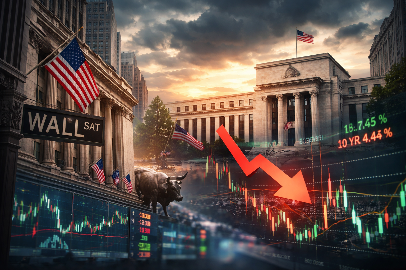 Photorealistic financial district scene showing Wall Street and a Federal Reserve-style building at sunset with a stock market chart overlay and a large downward arrow symbolizing rising market volatility.