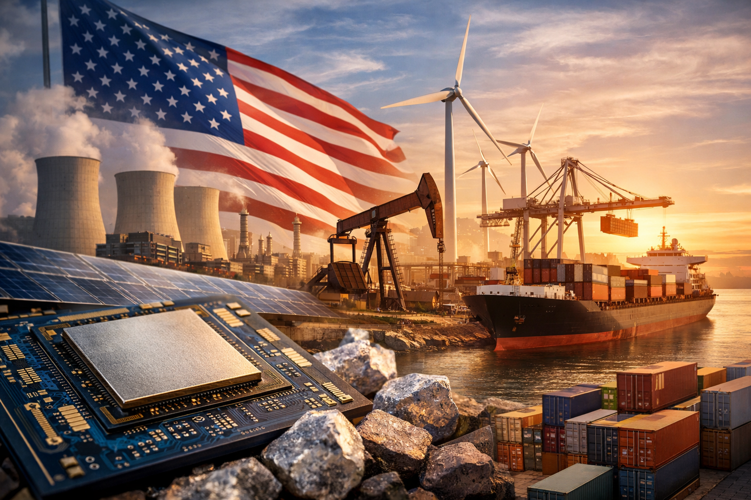 Photorealistic scene showing advanced manufacturing, semiconductor production, cargo logistics, energy infrastructure, and North American trade symbolism, representing the U.S. push to build more secure domestic and allied supply chains.