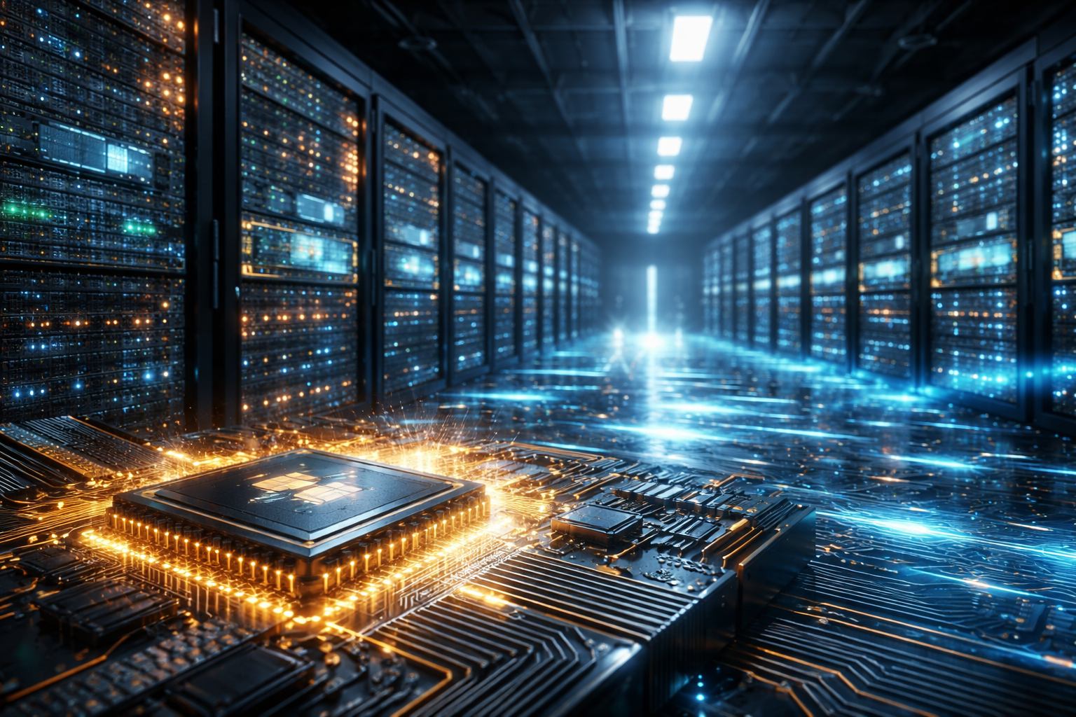 Rows of illuminated data center servers with a glowing AI chip and circuitry in the foreground, representing advanced computing infrastructure.