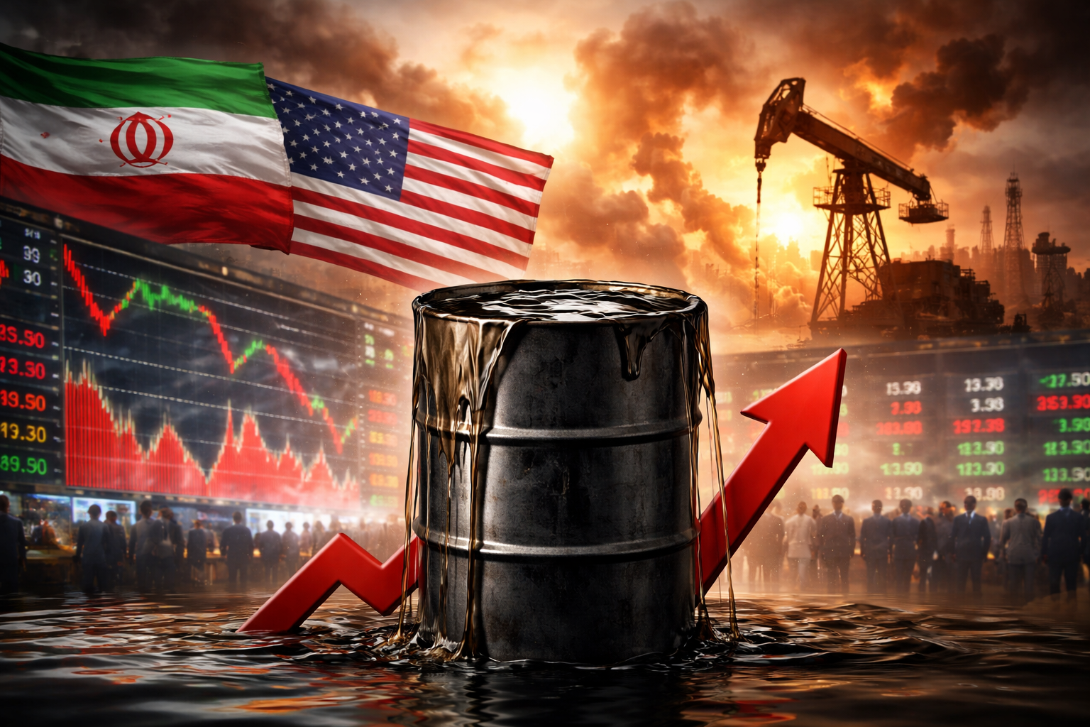 Photorealistic symbolic image of an oil barrel overflowing in front of market screens, with U.S. and Iranian flags and an oil pump silhouetted against a dramatic sky, representing rising oil prices and global market volatility.