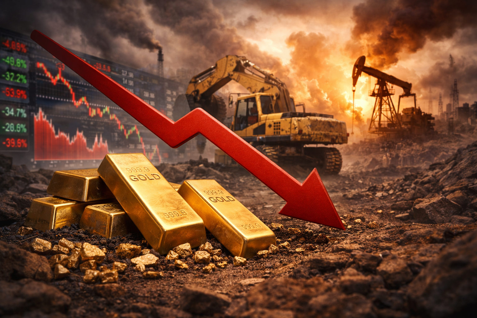 Photorealistic image of gold bars and ore in the foreground with a large downward arrow, a mining excavator, an oil pump, and falling market charts in the background, symbolizing pressure on gold and mining stocks from rising oil prices.