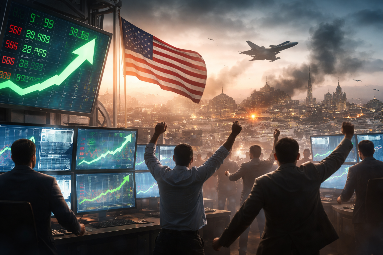Photorealistic image of traders reacting to rising market screens, with a large U.S. flag and a military jet flying over a Middle Eastern city skyline at dusk, symbolizing market relief after a delay in U.S. action against Iran.