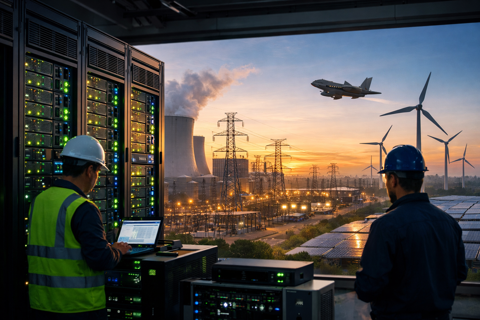 Photorealistic image of a modern AI data center with illuminated server racks and engineers in the foreground, overlooking power infrastructure including transmission lines, wind turbines, solar panels, and a large power plant at sunset.