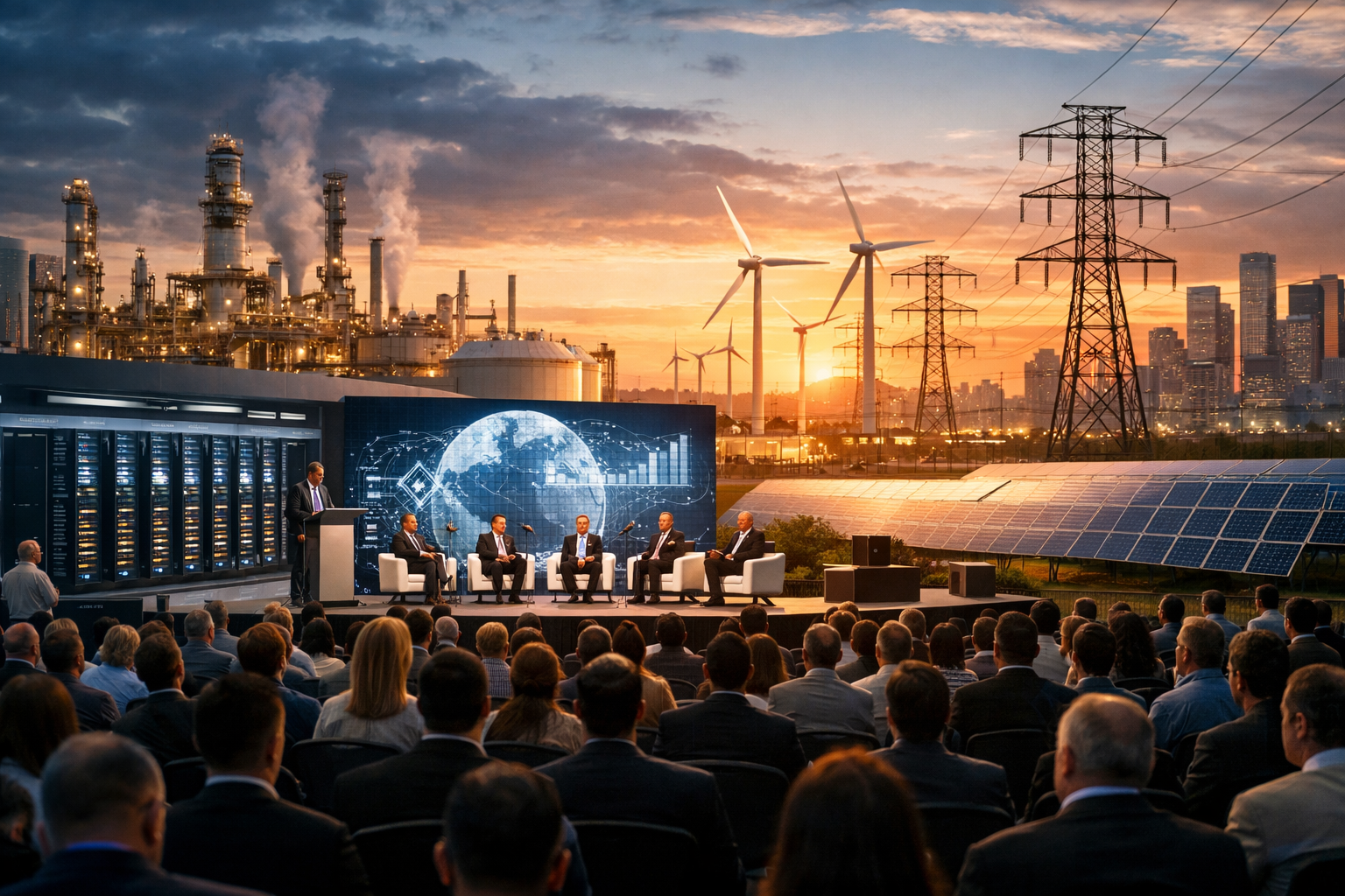 Photorealistic conference scene showing a panel discussion in front of data center servers, with power lines, wind turbines, solar panels, and an industrial energy facility at sunset, symbolizing the link between AI growth and rising electricity demand.