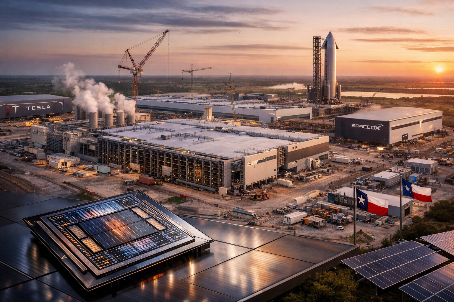 Photorealistic aerial view of a massive semiconductor manufacturing complex under construction in Texas at sunset, with an oversized symbolic AI chip in the foreground, industrial facilities, a rocket launch tower, and energy infrastructure in the background.