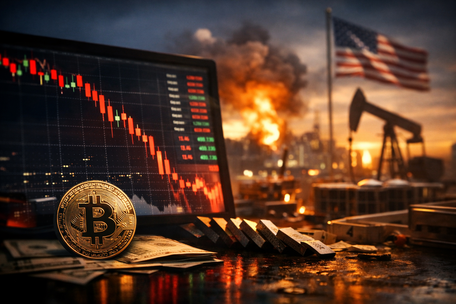 Photorealistic image of a Bitcoin coin in front of falling trading charts and a tense global market backdrop, symbolizing Bitcoin’s sharp decline and liquidation-driven volatility during U.S.–Iran tensions.