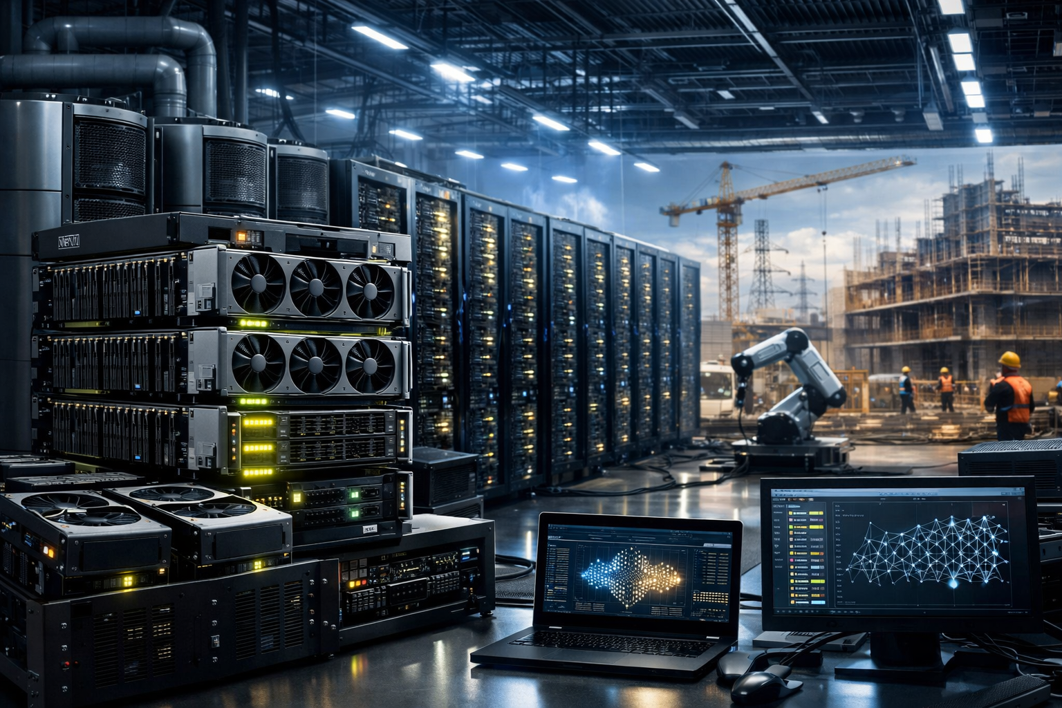 Photorealistic image of a modern AI data center with rows of high-performance servers and GPU racks in the foreground, with construction activity visible in the background, symbolizing rapid expansion in AI infrastructure.