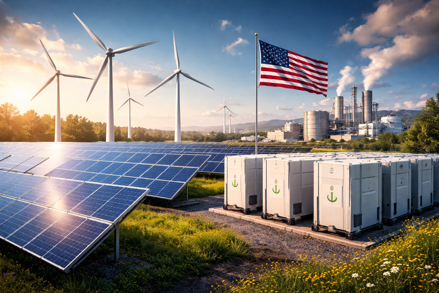 Photorealistic image of a U.S. clean energy site featuring solar panels, wind turbines, large battery storage units, and industrial hydrogen facilities under a clear sky.
