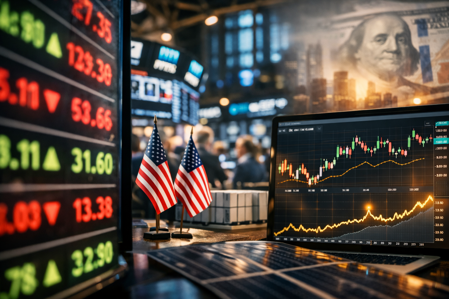 Photorealistic financial market scene with stock boards, U.S. flags, and a laptop displaying volatile market and yield charts, symbolizing shifting interest-rate expectations.
