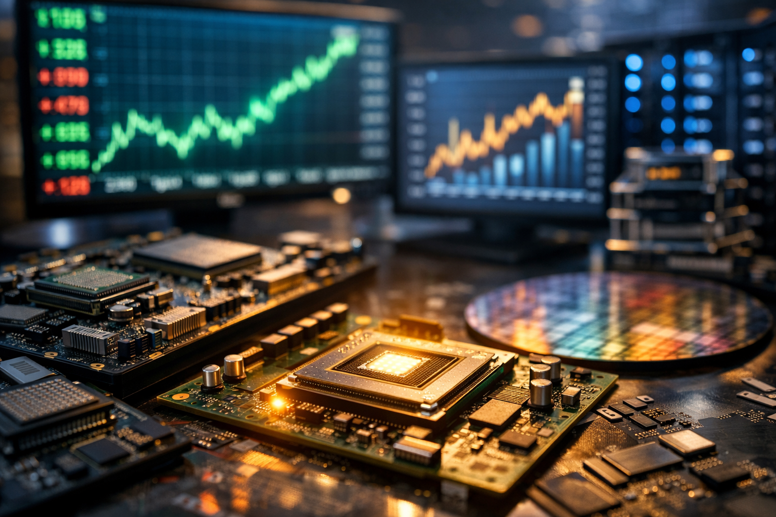 Photorealistic image of advanced semiconductor chips on circuit boards with glowing processors, a silicon wafer, server racks, and market charts in the background.
