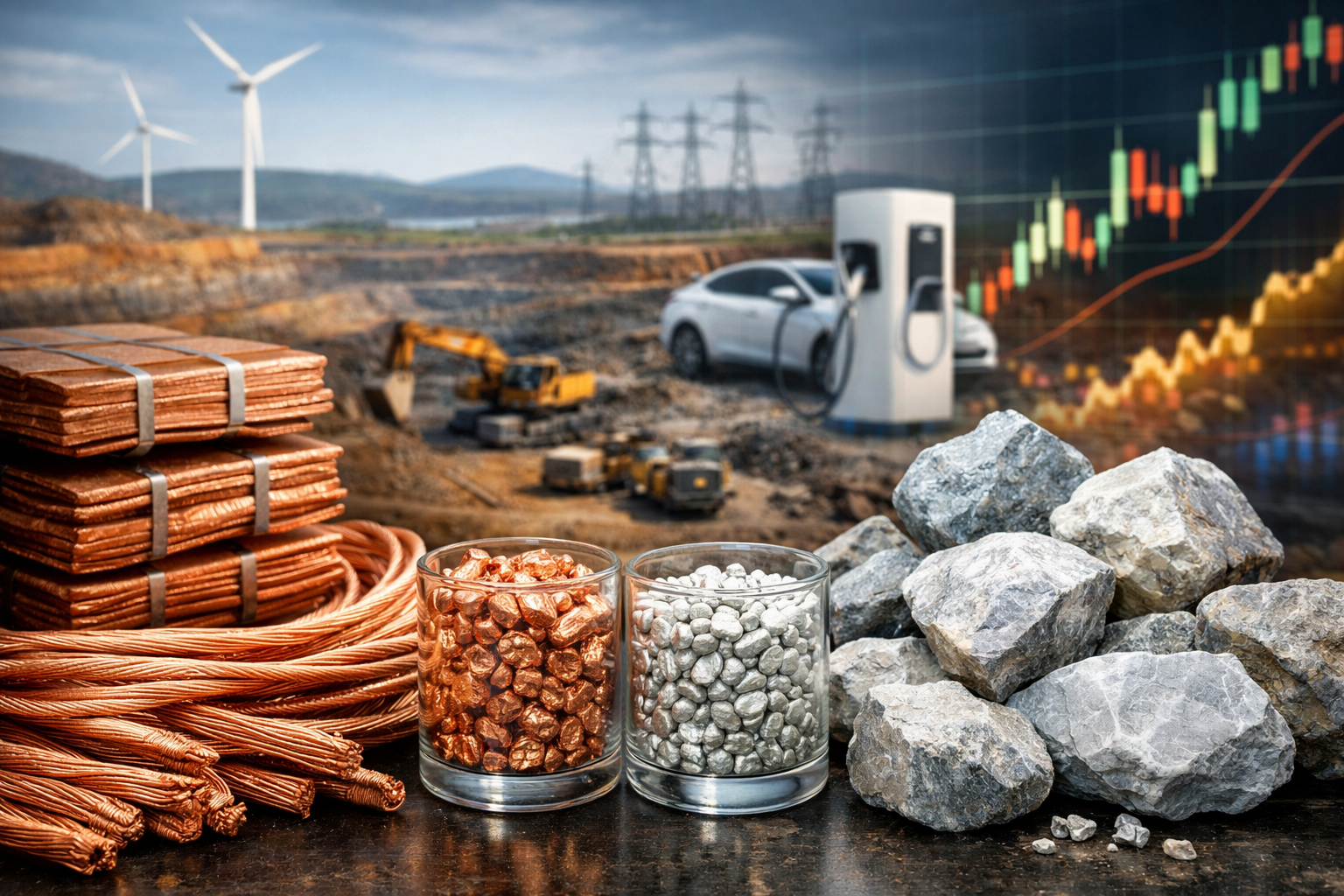 Photorealistic image of copper wire, stacked copper ingots, and lithium-bearing rocks in the foreground, with an open-pit mine, wind turbines, power lines, and an electric vehicle charging scene in the background.