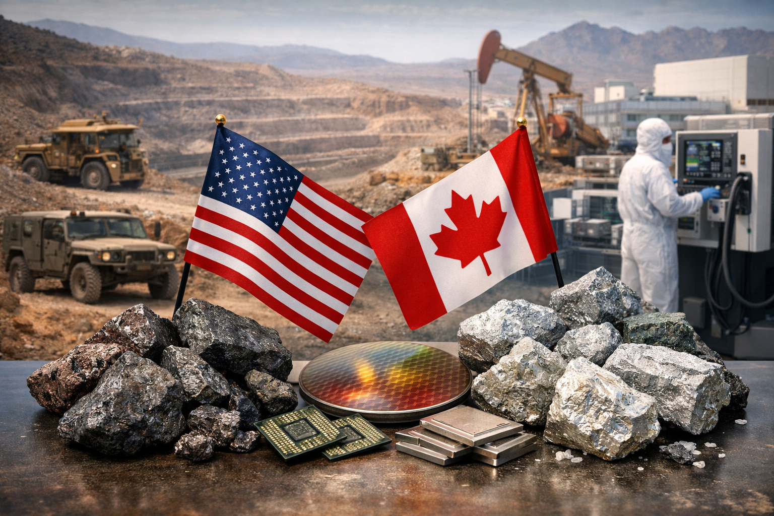 Photorealistic image of U.S. and Canadian flags beside critical mineral ores, semiconductor components, and a silicon wafer, with mining and industrial infrastructure in the background.