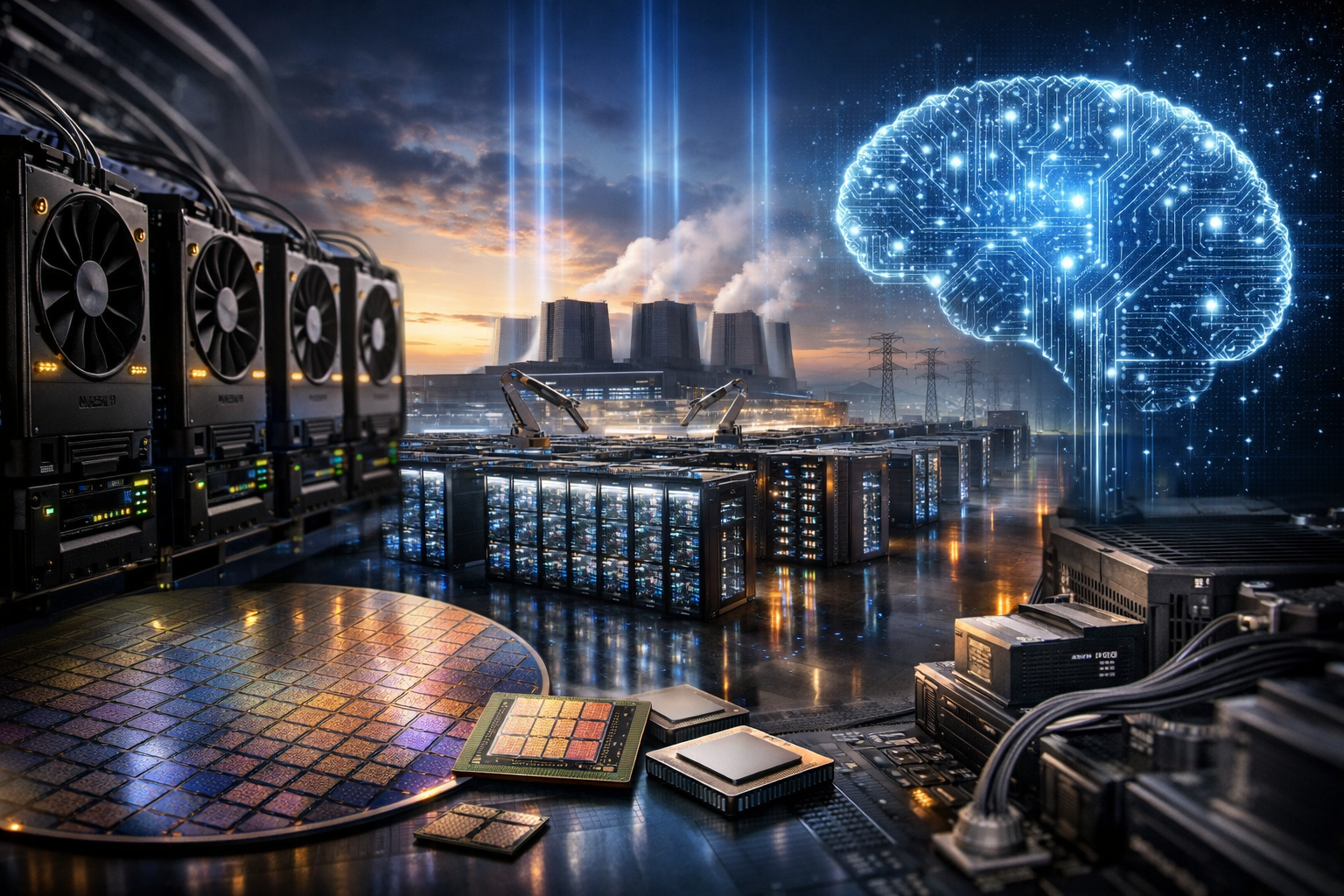 Photorealistic image of a modern AI data center with illuminated server racks, advanced semiconductor chips, GPUs, and power infrastructure symbolizing heavy investment in AI computing capacity.