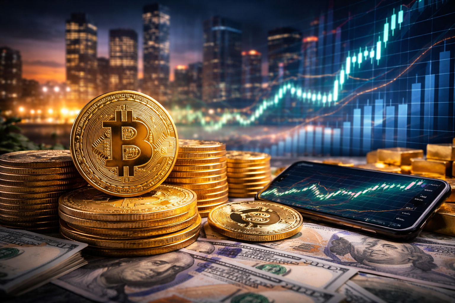 Photorealistic image of stacked Bitcoin coins, U.S. dollar bills, a smartphone displaying a market chart, and a glowing financial skyline symbolizing rising institutional investment in Bitcoin.