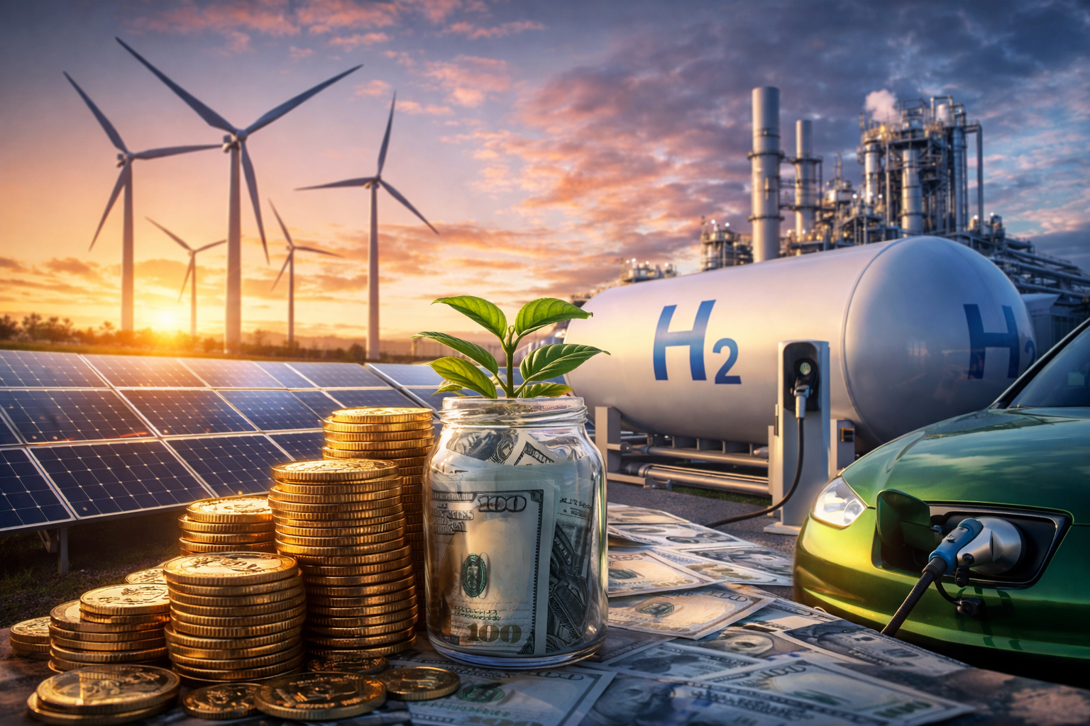 Photorealistic image of solar panels, wind turbines, a hydrogen storage tank, industrial clean energy infrastructure, and stacked coins with cash and a small green plant in the foreground.
