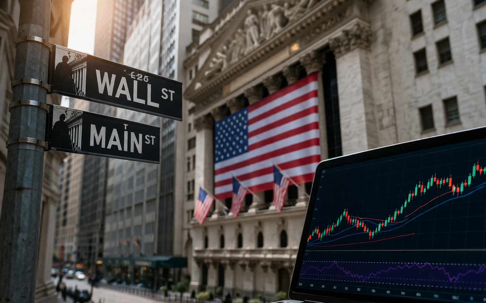 Photorealistic financial scene showing stock charts on digital screens, printed market reports on a desk, and a Wall Street streetscape in the background, symbolizing mixed U.S. equity performance amid shifting rate expectations.