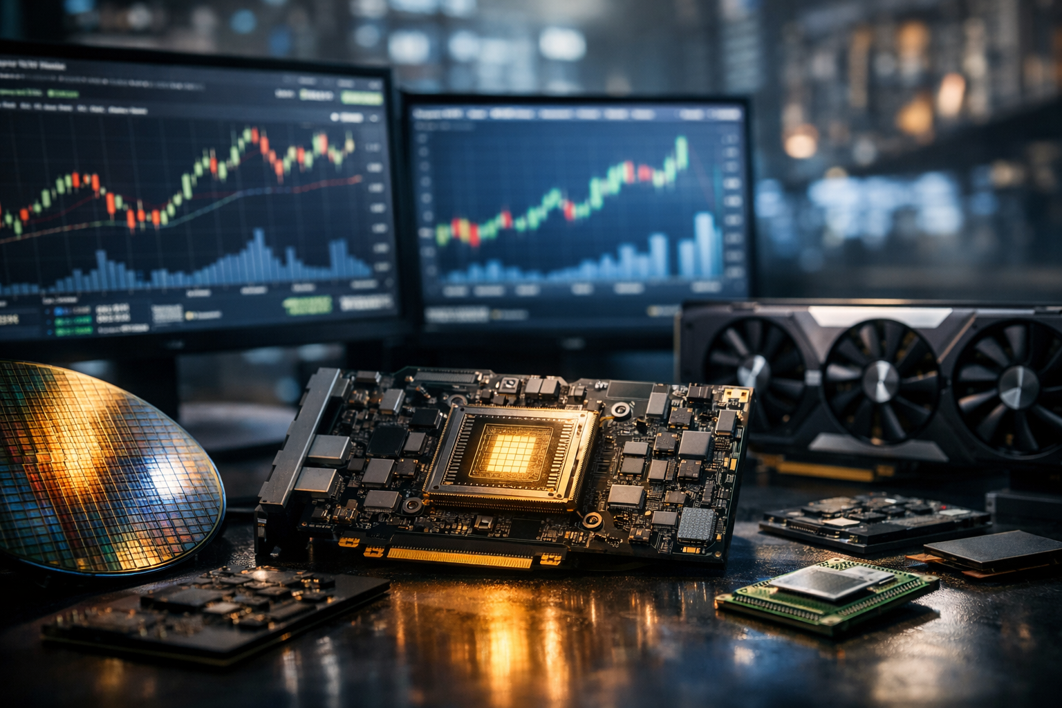Photorealistic close-up of advanced semiconductor hardware, including a glowing AI chip, GPU boards, and market charts on background monitors, symbolizing surging demand for AI infrastructure.