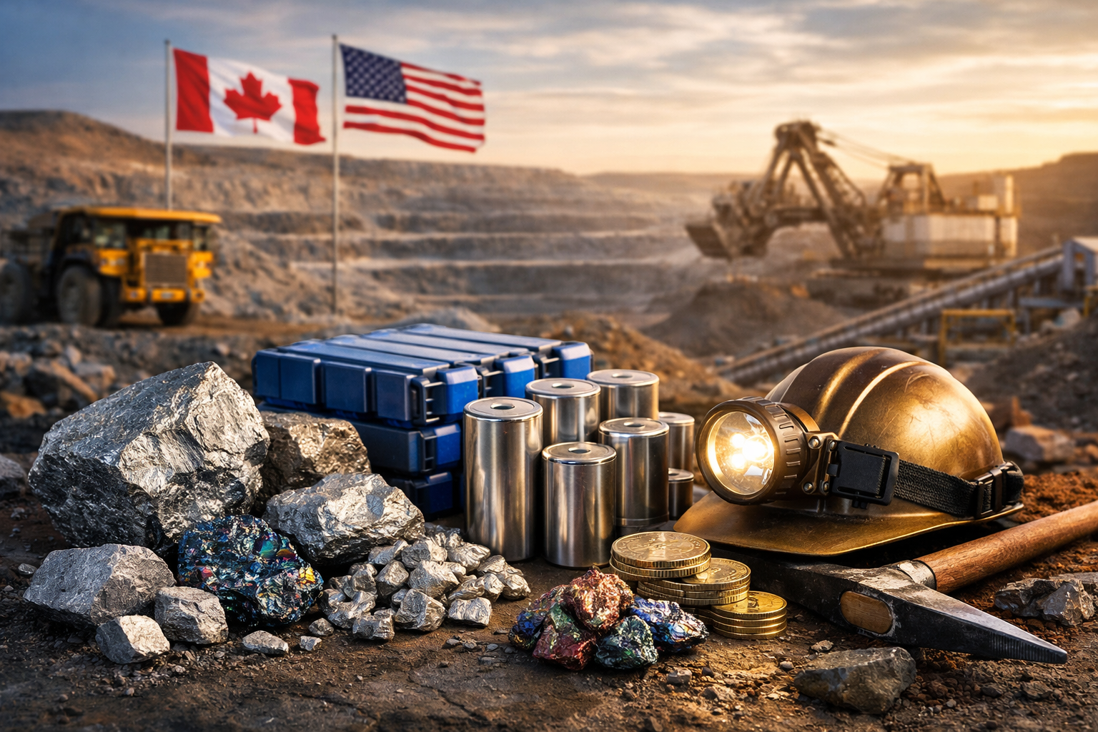 Photorealistic image of raw mineral rocks, battery cells, mining tools, and heavy equipment at an open-pit mine with U.S. and Canadian flags in the background, symbolizing the strategic push for critical mineral supply.