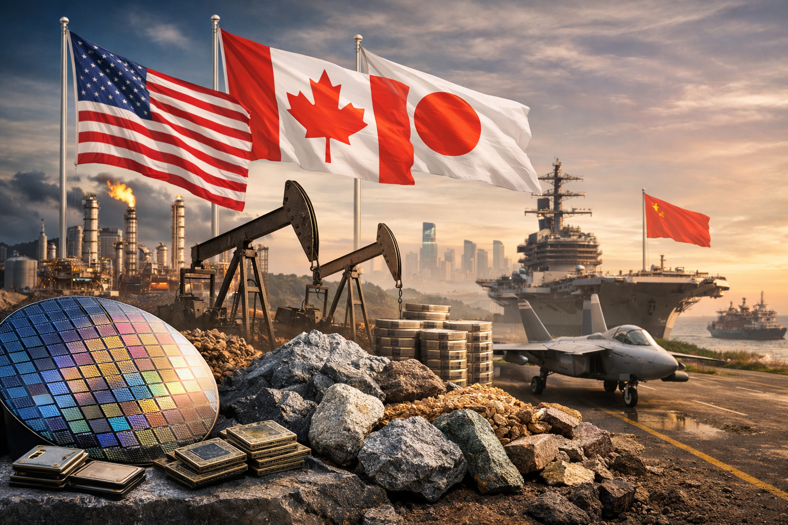 Photorealistic scene showing semiconductor wafers, critical mineral rocks, energy infrastructure, military assets, and U.S. and allied flags, symbolizing strategic supply chain cooperation and geopolitical competition.