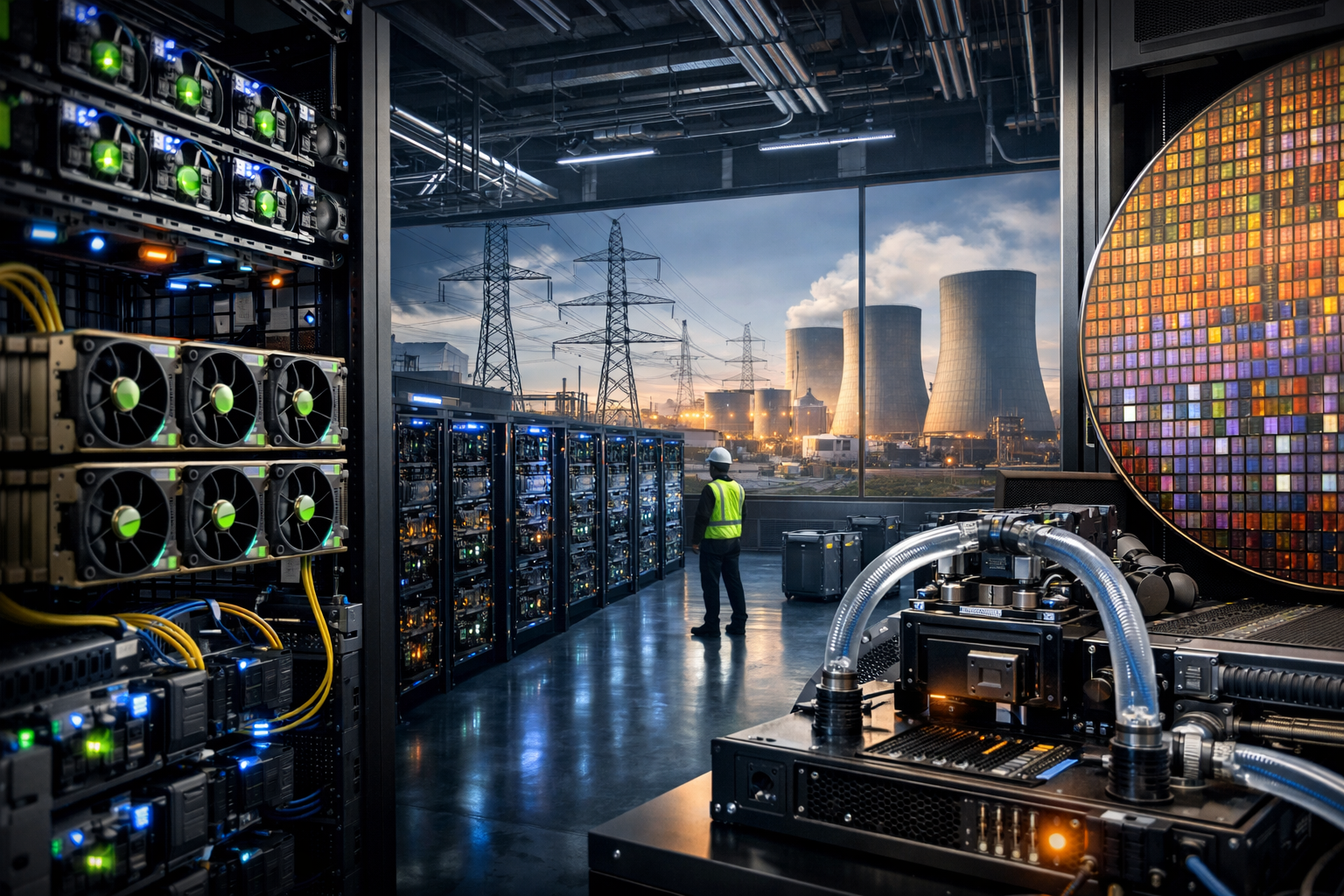 Photorealistic view inside a modern AI data center with high-performance servers, visible liquid-cooling hardware, and an engineer looking toward large power infrastructure outside.